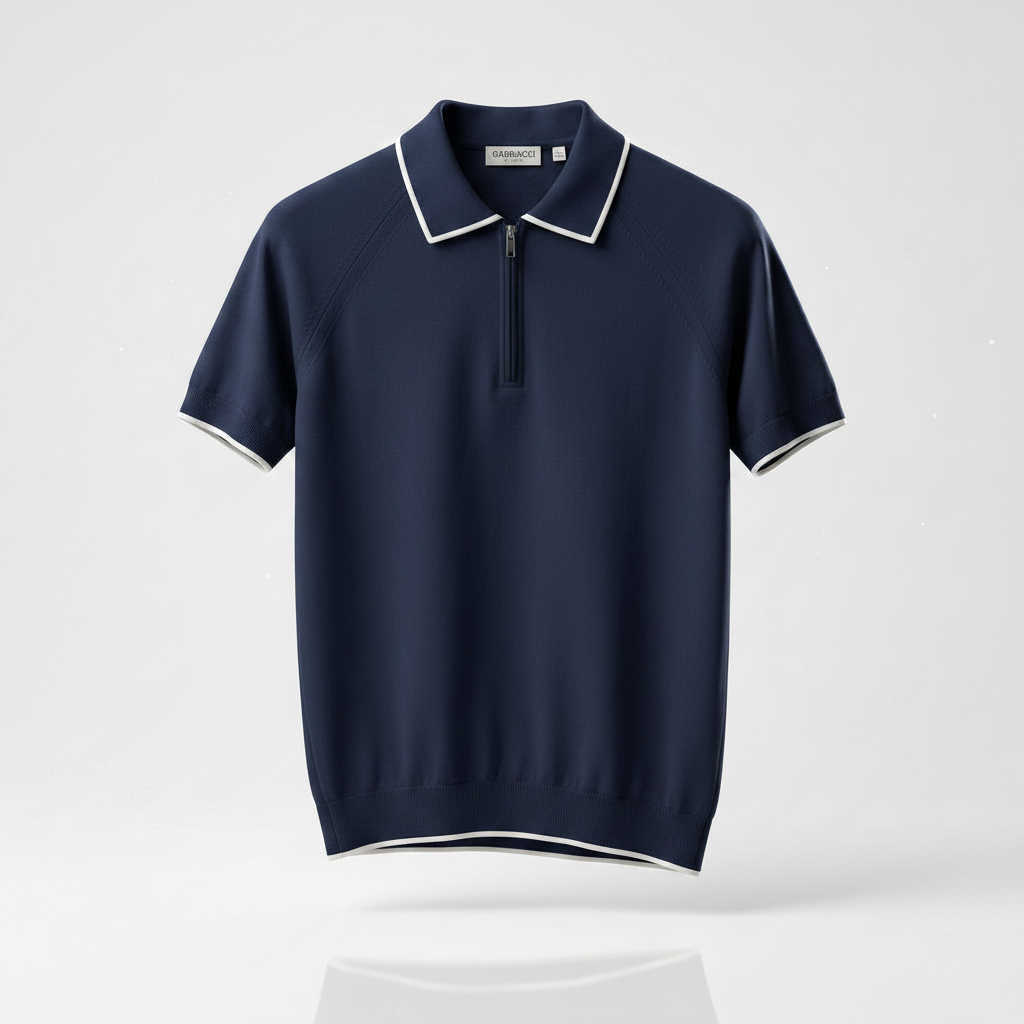 Zip polo shirt navy blue with white contrast trim